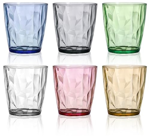 Vegena Bicchieri Acqua Colorati 300 ml - Set da 6 Bicchieri di Plastica, Bicchieri Cocktail, Bicchieri da Succo, Bicchieri Alti con Effetto Cristallo, Ideali per Succo, Caffè Freddo, Bibite Gassate