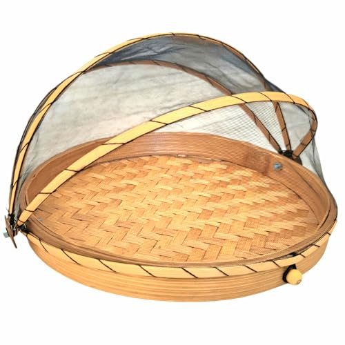 Générique Cloche à Fromage Fruit en Bambou avec Filet de Protection 35 cm Garde Manger Corbeille Plateau Fromage Noir Naturel protège Aliments Corbeille à Pain