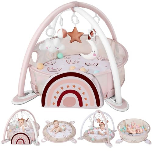 derimkcoa 4-in-1 Baby Play Mat Baby Gym,Tummy Time Mat for Floor Activity Gym Ball Pit Including 30 Balls with 5 Infant Learning Sensory Baby Toys for Newborn Toddler Boy & Girl Gifts(Rainbow)