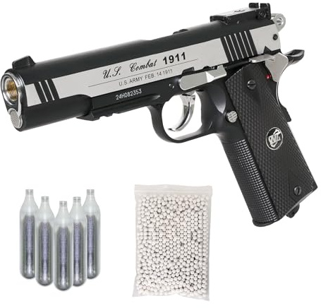 Pistola Softair WG Combat 1911 CO2 Full Metal, Pistola a Pallini Scarrellante con 10 Bombolette CO2, 1000 Pallini 6mm, Pistole Softair, Airsoft, colore nero