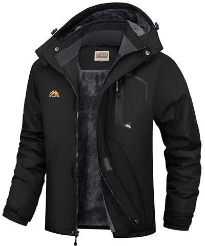 WULFUL Men's Ski Jackets Warm Winter Snow Windbreaker Resistant Snowboard Fleece Coat Mountain Waterproof Parka with Hood Black Large
