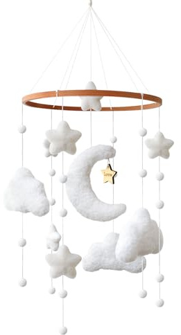 Ueiwffzo Weiß Wolken Mond Sterne Mobiles Baby, Babybett Mobile Hölz, Windspiele Baby Mobile Wickeltisch Anhänger Baby für Neugeborene Geschenk Jungen Mädchen