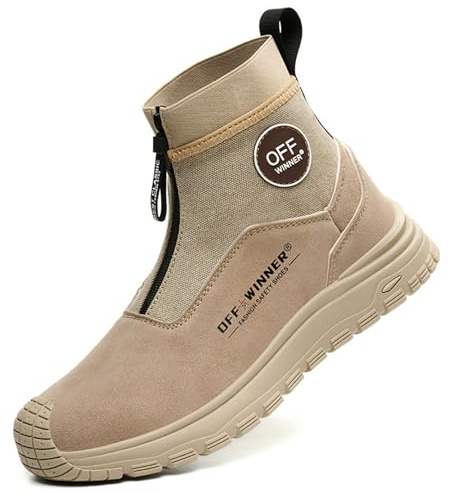 AlkYutd Men's Welding Work Boots Lightweight Zipper Plastic Steel Toe Puncture Proof Safety Shoes Camel-8.5-42