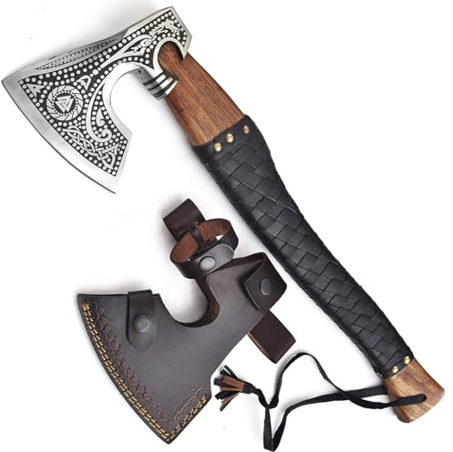 HACHE DE VIKING DÉCORATION LARP, CADEAU POUR LES FANS DE VIKING, Étui de transport, revêtement antiadhésif, lame en acier de haute qualité - manche en bois, longueur : 52 cm, 1 kg Cadeau d'anniversair