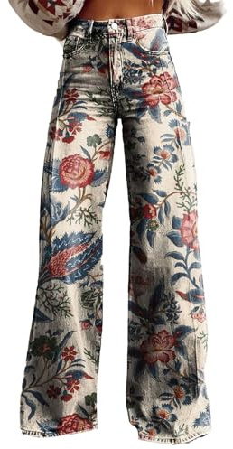 Udbeksid Vaqueros Acampanados Mujer 70s Hippie, Pantalones Retro Estilo Baggy, Jeans Vintage Oversize High Waist, Vaqueros Rectos con Estampado, Baggy Mujer, Fiesta, Casual