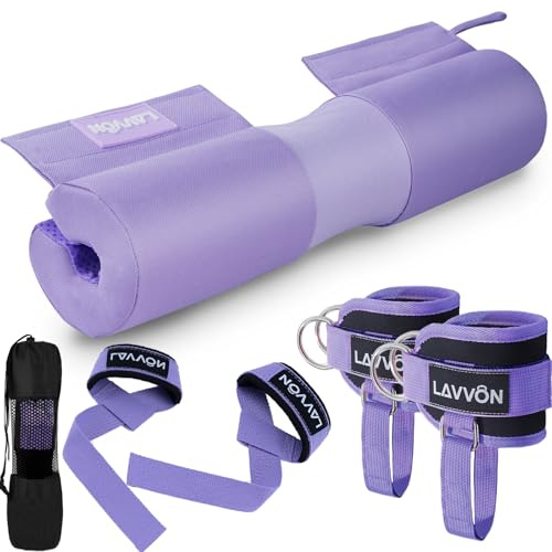 Barbell Squat Pad Set- Nylon Padding AntiSlip- Thick Foam Barbell Pad for Squats Cushion,Lunges&Bar Padding for Hip Thrusts -Standard Olympic Weight Bar Pad (Wrist Straps Weightlifting-Ankle Straps) (Set-Purple)