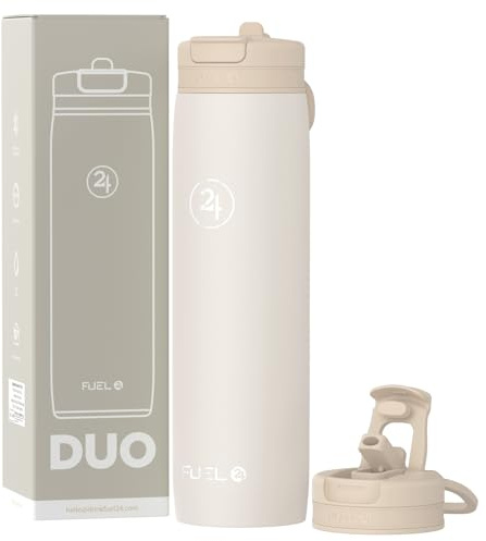 Fuel24 Duo - Stainless Steel Water Bottle 700ml or 1L - Vacuum Insulated Metal Flask with Straw (Dual use Lid) 1 Litre - for Sports, Gym, Work – Slim Design (Sand, 700 ml)