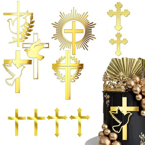Décoration de gâteau Baptême et Première Communion en Croix Or Acrylique - Lot de 11 Pièces avec 8 Styles Différents - Idéal pour Célébrations Religieuses, Mariages et Anniversaires