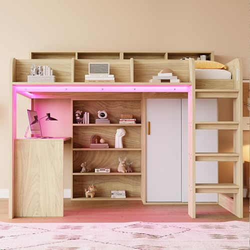Sapgaks Lit Mezzanine 90×200cm, lit Enfant avec éclairage LED et Prise de Courant, avec Bureau, Armoire et Compartiment de Rangement, lit Mezzanine Multifonctionnel, Coloris Bois (Matelas Non Inclus)