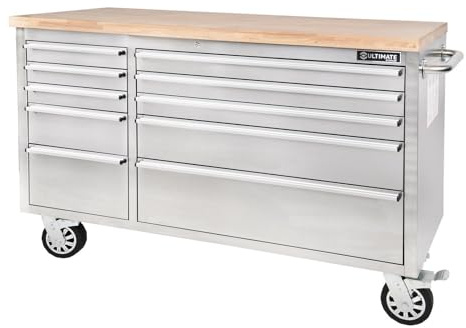 Ultimate Storage Stainless Steel Tool Chest on Wheels - 56″ - 10 Drawer Rolling Cabinet with Hardwood Worktop, Full Extension Lockable Drawers, Heavy-Duty Castors - W 1,470 x D 467 x H 952mm