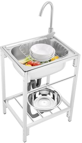 Utility Sink Freestanding Stainless Steel Single Basin Sink with Stand - 16.9x12.9x7.5 Deep Kitchen Sink | 360° Rotating Faucet, 220LBS Capacity & Silencing Pad | Laundry/Back