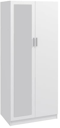 Panana Modern 2 Door Wardrobe with Mirror & Hanging Rod, Wooden Double Wardrobe Storage Shelf Clothes Cupboard for Bedroom (White)