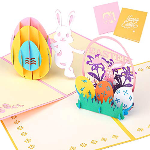 HOWAF Set 2 Stücke Osterkarten 3D Pop Up Karte Osterkarten mit Umschlag, Ostereier im Osternest Osterhase Grußkarte, Ostergrüße Ostergeschenk für Kinder, Familie, Freunde