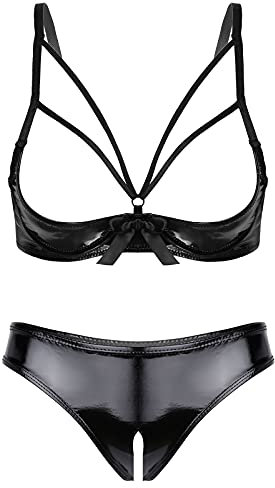 Choomomo Womens 2 Piece Lingerie Set Stretch Vinyl Shelf Bra Quarter Cup Bra Tops with Panties Teddy Black L