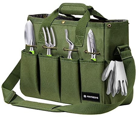 Raynesys Garden Tote Bag, Gardening Tool Bag Organizer with Pockets & Handle, 900D Heavy Duty Garden Storage Bag with Long Adjustable Shoulder Strap for Tools, Green