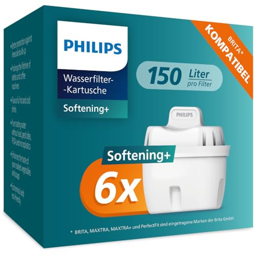Philips Water Cartucce filtranti sostitutive Anticalcare+, 6 unità, compatibili con Brita, FINO AL 50% IN PIÙ DI RIDUZIONE DELLA DUREZZA