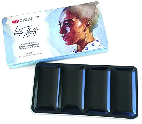 White Nights Acuarelas para artistas rusos en estuche Casanova, caja metálica negra con 12 colores en tubos de 10 ml