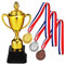 CLISPEED Trophy Cup 12 Pcs Golden Trophy with 3 Medals Mini Awards Trophies Plastic for Spring Festival Carnival Sports Football Basketball Rugby Competitions Winning Prizes, 4.7x9inch