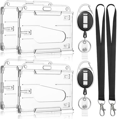 4 Stück Ausweishüllen Set, 2 Einziehbarer Schlüsselanhänger und Lanyard mit 2 Kartenhalter, mit ID Card Holder Abzeichen Buddy Kit, Für Kartenhalter, Schlüsselanhänger und ID Card