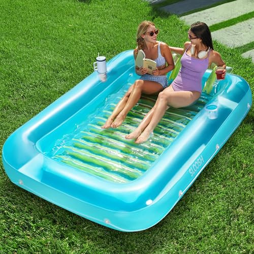 SLOOSH Inflatable Tanning Pool Lounger Float, 85 x 57 Extra Large Pool Floats Adult with Pillow, 4 in 1 Suntan Tub Raft Floatie,Sunbathing Bed Lounge for Water Blow Up Party Gifts, XL-Blue Green