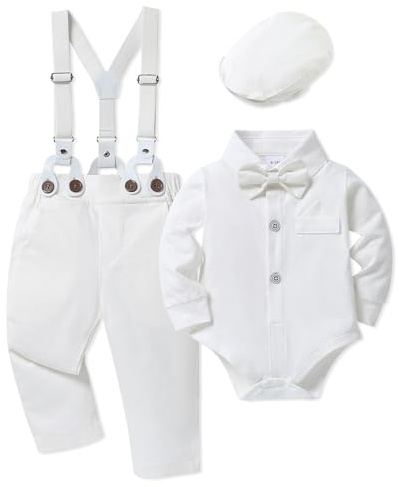 SANMIO Baby Boy Clothes Suit 3-6 Months Boys Baptism Easter Outfits Baby Shirt+Bow Tie+Pants+Suspenders 4Pcs Christmas Wedding Clothing Set (Baptism Outfit, 3-6 Months)