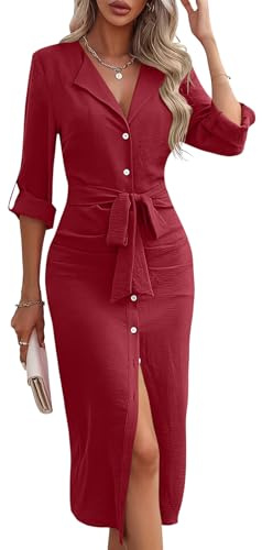 ORANDESIGNE Vestito Camicia Donna Elegante Lungo con Bottoni Davanti Slim Fit Manica Lunga Camicetta Blusa Dderente Abito Cerimonia Curvy Midi Cocktail Vestitino al Ginocchio Rosso M