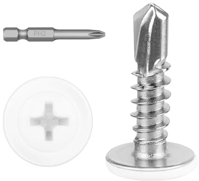 #8 x 1/2 (100 PCS) White Head Fast Self Tapping Sheet Metal Screws, Modified Truss Head Self Drilling Screw, Full Thread, Screwdriver Bit Included