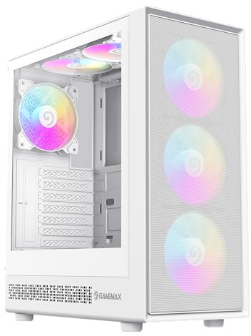GAMEMAX Storm 2 WH Mid-Tower ATX PC Case White Mesh Front Panel Pannello laterale in vetro temperato con porta scorrevole, 6 ventole ARGB da 120 mm preinstallate, Aura Sync, ATX Mid-Tower PC Case per