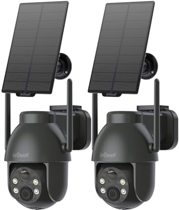 ieGeek 2K Solar Security Camera Outdoor Wireless(2pcs), 360° Pan Battery Camera with Solar Panel, Wifi CCTV Camera Systems, Color Night Vision, PIR Motion Detection, 2-Way Audio, Works with Alexa