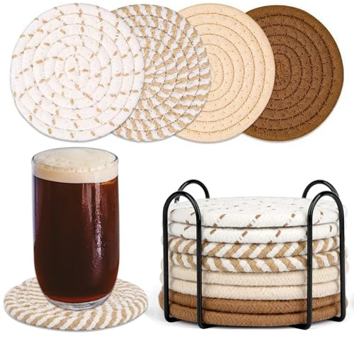 Trsnzul Lot de 8 Dessous de Verre Ronds avec Support, Antidérapants en Coton Tressé pour Maison/Cuisine/Bar/Bureau, Dessous de Verre pour Boisson