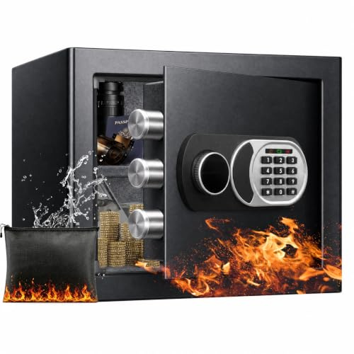 ToruKeep 35L Home Safe, Fireproof Waterproof, Keypad + Keys, LED Alarm | Fireproof bag shields documents. Adjustable shelf organises items; smart alarm deters theft; LED + spare key for urgent.