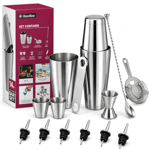 Set di shaker per cocktail, 14 pezzi in acciaio inox, kit di strumenti da bar con barattoli per agitare, apribottiglie piatto, misurino doppio, colino Hawthorne, bicchieri, cucchiaio da bar e 6
