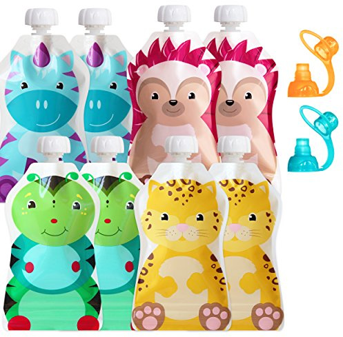 ChooMee Gourdes Réutilisables + Becs Souples SoftSip | Sans BPA | Pochette Étanche pour Tout-Petit | Smoothies, Purées & Aliments Bébé | Large Fond, Facile à Nettoyer | 10 pcs 5 oz SnakPack FreshSquad