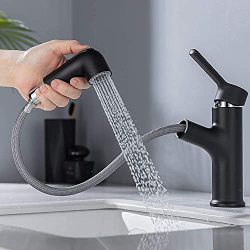 ONECE Grifo de Lavabo Negro Extraible, Grifería para Baño con Ducha en 2 Modos, Mezclador Monomando de Latón, Aireador Extraíble, Válvula de Cerámica, Agua Fría y Caliente