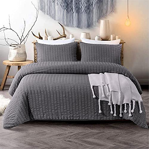 Juego de funda de edredón de sirsaca de 3 piezas, color gris oscuro, con funda de almohada, juego de cama de sirsaca con cierre de cremallera, tamaño King, 220x230 cm