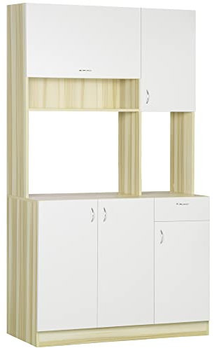 HOMCOM Mobile Buffet a 4 Porte per Cucina con 3 Armadietti, Cassetto, Pensile e Piano d'Appoggio in Truciolato, 102x48x180cm, Bianco e Color Legno