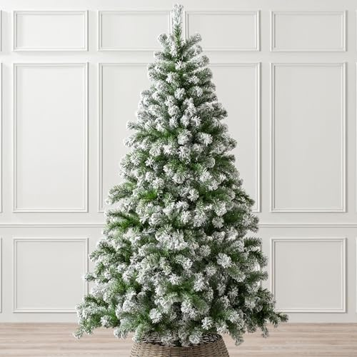 Christow Flocked Christmas Tree 7ft, Snowy Artificial Chamonix Spruce Tree with Bushy Traditional PVC Tips, Hinged Branches, Slot-Together Poles & Green Metal Stand for Easy Display, 210cm x 121cm