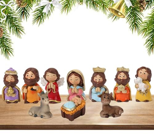 GIMOCOOL Accessoires Nativité en Résine, 10 pièces Figurines Peintes à la Main, Ensemble de Personnages pour Crèche de Noël