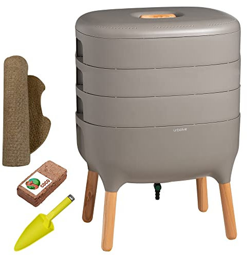 Moutta | Urbalive 3 Plateaux Gris Kit Complet I Lombricomposteur Design I Substrat de démarrage I Tapis de Chanvre + Pelle I Intérieur, Balcon et Jardin