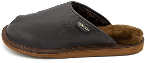Hollert Herren Lammfell Hausschuhe LUITPOLD Pantoffeln echt Merino Schaffell Echtleder warm und bequem Größe 43 EU, Farbe Braun