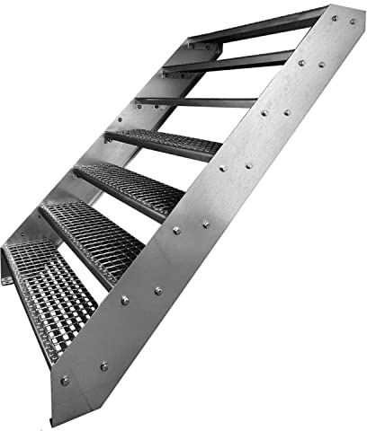 Premium Caillebotis acier Escalier à limon 7 Marches Entièrement galvanisé - Dimensions (L x l x H) 139cm x 80cm x 133cm Résistant aux intempéries et protégé contre la corrosion