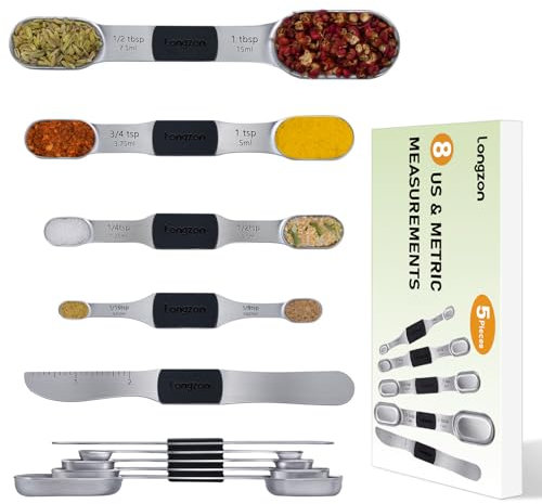 longzon 8 Misurazioni Full-Size Cucchiai Dosatori Magnetici con livellatore, Marcature incise durevoli, acciaio inossidabile impilabile - Adatto alla maggior parte dei barattoli per spezie