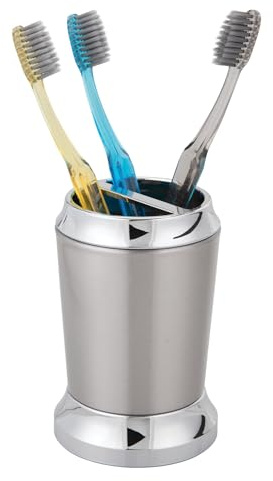iDesign Stainless Steel Toothbrush Holder, The Preston Collection – 3 x 3 x 4.5”, Brushed & Chrome Split Finish