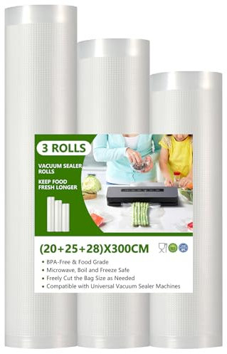 Diboniur Rouleau Sac Sous Vide Alimentaire, 3 Packs 28/25/20 x 300cm Sac Sous Vide, Réutilisable Sachet Sous Vide Alimentaire, Convient à Tous Machine Sous Vide