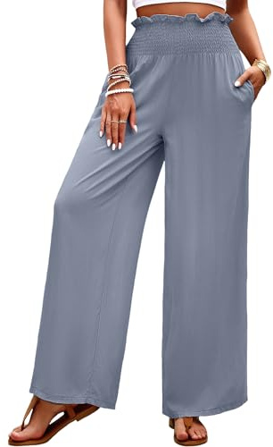 Heersan Mujeres Sólido Suelto Pierna Recta Palazzo Pantalones Cintura Alta Elástico Casual Pantalones con Bolsillos