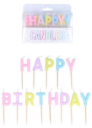 Henbrandt Pack of 13 Pastel Happy Birthday Candles on Wooden Picks, 4 Assorted Pastel Colours 7cm Lettered Happy Birthday Celebration Candles Cake Topper for Birthday Cake and Cupcake Decorations