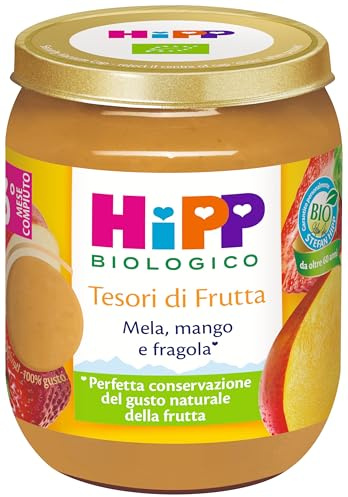 HiPP - Tesori di Frutta, Novità, Omogeneizzato Biologico di Frutta Neonato, Gusto Mela, Mango e Fragola, Indicato dal 5° Mese di Età, Neonato, Bambino, Qualità Bio HiPP, 6 vasetti da 160g