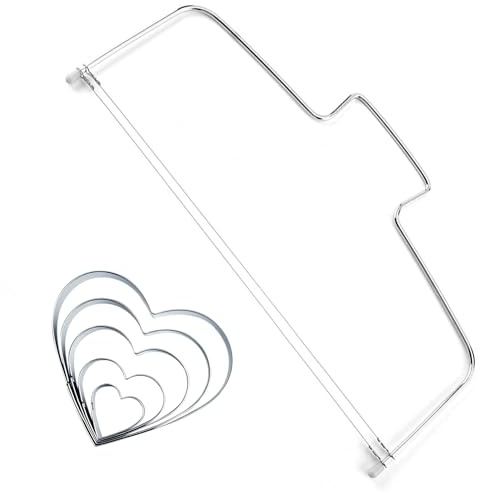 SYEYCW 6 Pièces Ensemble de Pâtisserie en Acier Inoxydable, 1 Pièces Coupe-Gâteau à de Dentelé Double Fil Réglable, 5 Pièces Emporte-Pièces en Forme de Cœur, pour Biscuits, Pâtisseries, Fondants