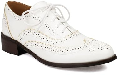 Blano Lofor Women's Wingtips Oxford Shoes Perforated Brogues Vintage British Round Toe Lace-up Low Heels Wing Tip Oxfords for Women Girls Ladies Cream White US Size 10.5