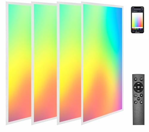 2x4 FT LED RGBW 5000K Multicolor Flat Panel Light Remote & App Controlled 60W 6600lm Color Changing LED Panel Light Smart Wi-Fi Drop Ceiling Light with Alexa/Google Assistant (4 Pack)